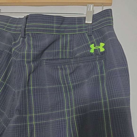 Under Armour | 34x29.5 Hemmed Storm Golf Plaid Pants with Bright Green Pattern - Picture 4 of 7